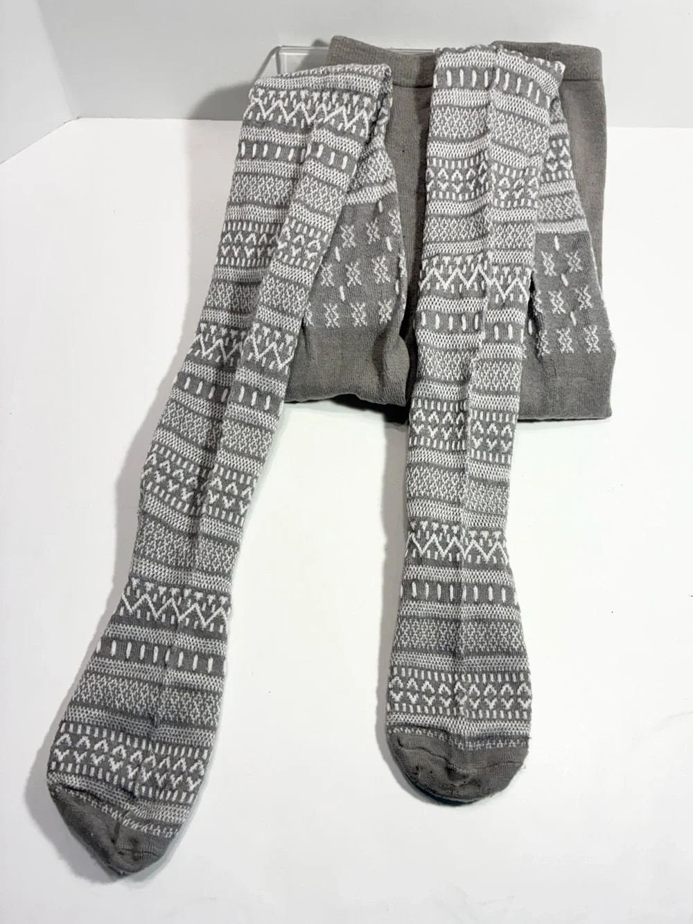 Y2K Fair Isle Thick Knit Tights Gray White Size M/L